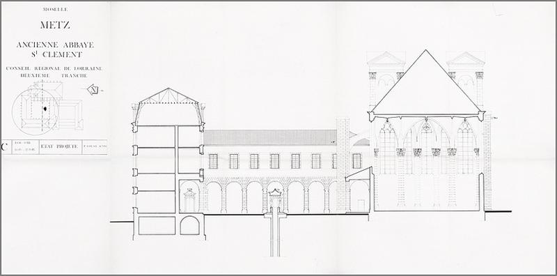 Coupe est-ouest des bâtiments conventuels (depuis l'est) : état projeté (deuxième tranche de travaux, 1985).