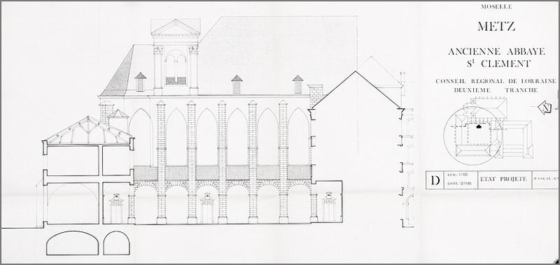 Coupe longitudinale des bâtiments conventuels : état projeté (deuxième tranche de travaux, 1985).