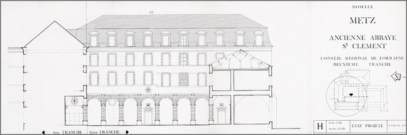 Coupe longitudinale des bâtiments conventuels (depuis l'est) : état projeté (deuxième tranche de travaux, 1985).