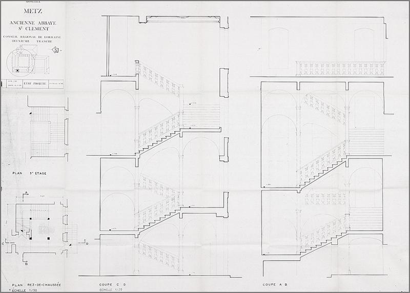 Plans et coupes de l'escalier nord-ouest : état projeté (deuxième tranche de travaux, 1985).