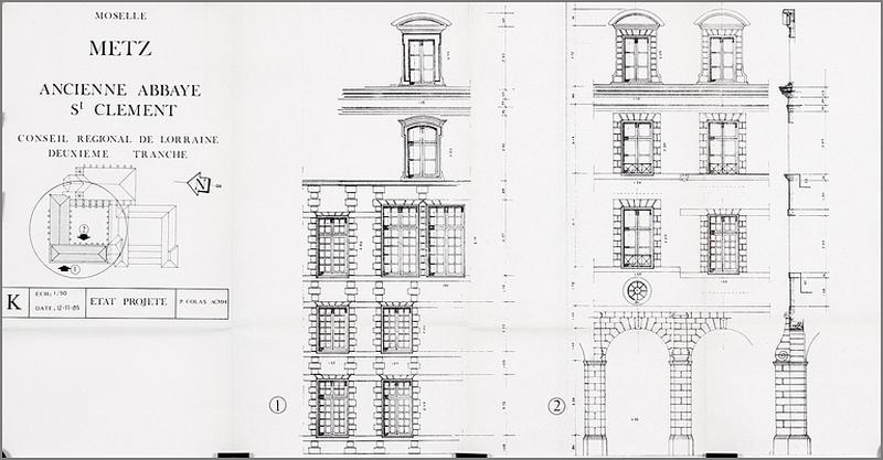 Elévations partielles du corps ouest (travées nord), façades antérieure et postérieure : état projeté (deuxième tranche de travaux, 1985).