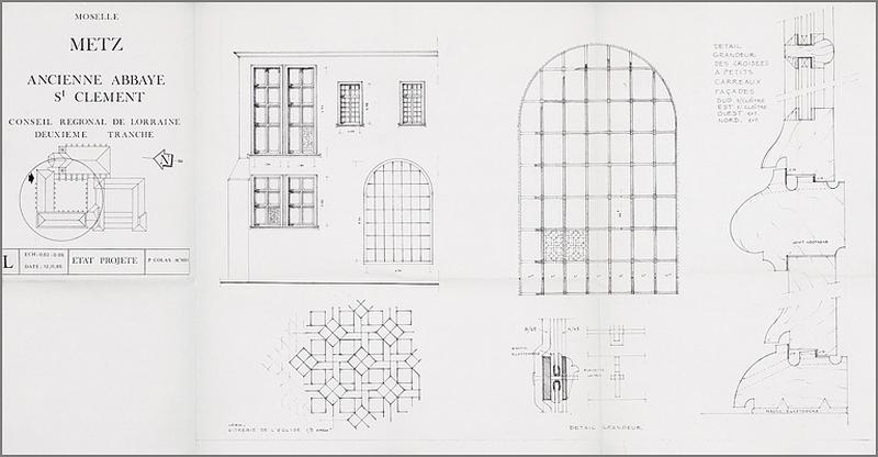 Elévation partielle de la façade nord (travée est) et détails de croisées : état projeté (deuxième tranche de travaux, 1985).