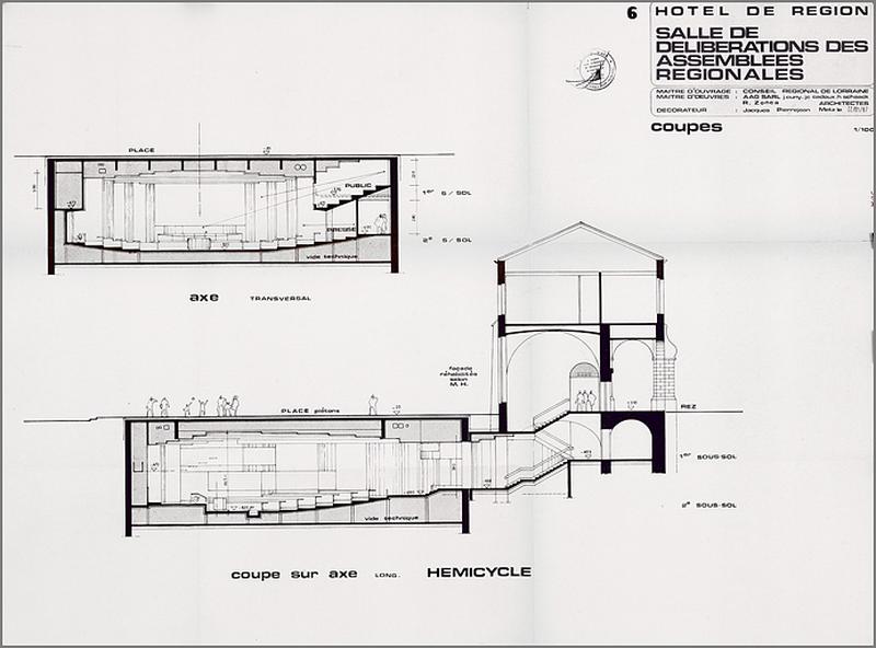 Coupes transversale et longitudinale de la salle des délibérations.