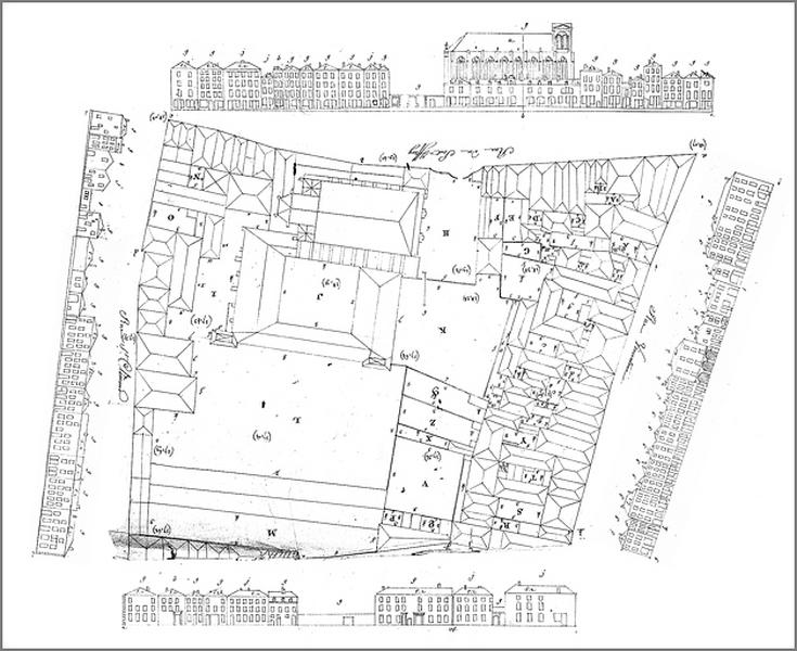 Situation de l'ensemble des bâtiments dans l'ilot (n°9) : plan des toitures et élévations sur rue (montage).