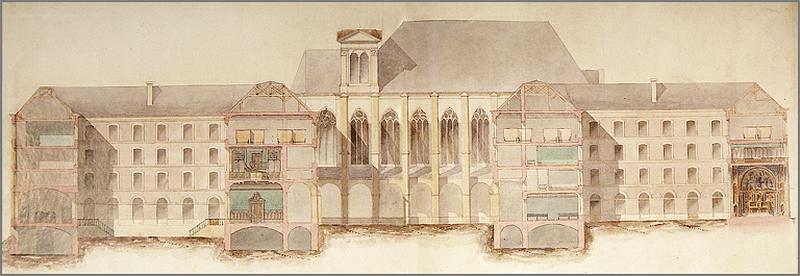 Coupe longitudinale des bâtiments : projet n° 1 pour le collège de Jésuites, 1855.