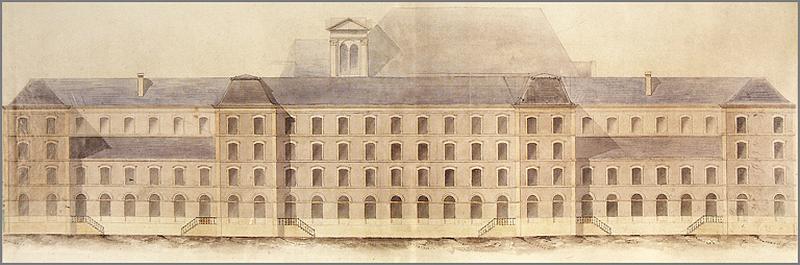 Elévation de la façade ouest : projet n° 1 pour le collège de Jésuites, 1855.