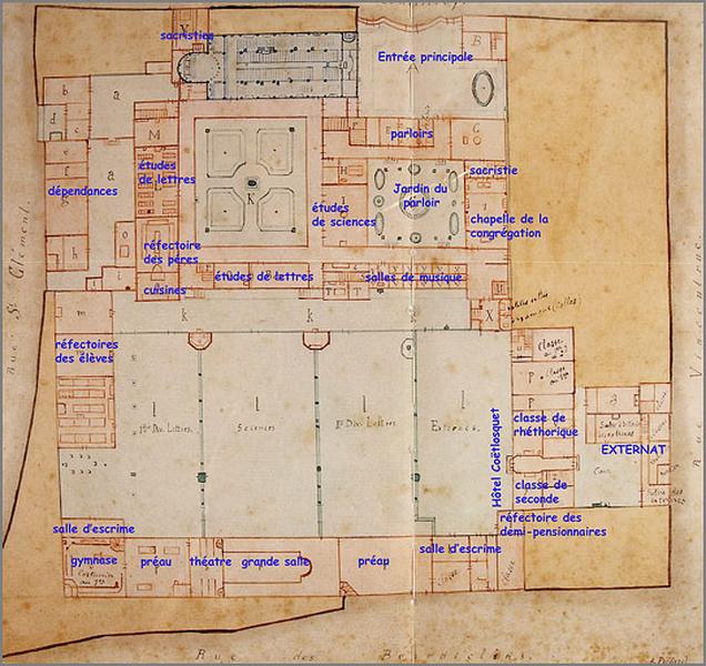 Plan du rez-de-chaussée du collège, annoté.