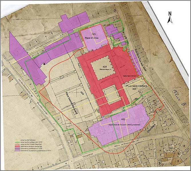 Superposition du plan cadastral du début du 20e siècle (plan allemand conservé aux Archives municipales de Metz) et du plan actuel.