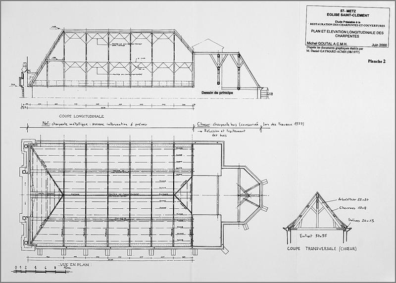 Plan et coupe longitudinale de la charpente.