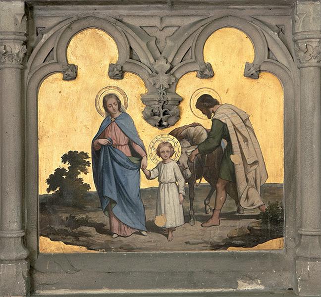 Autel secondaire de saint Joseph, prédelle, détail du décor peint : Fuite en Egypte.