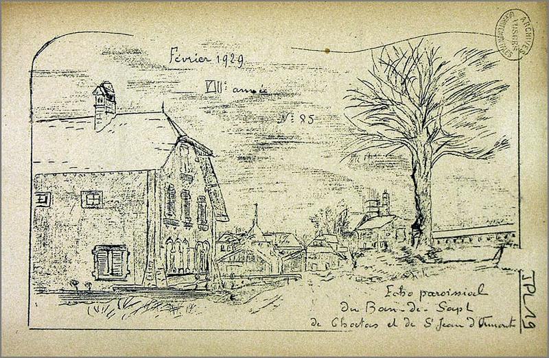 Vue générale, en arrière plan la nouvelle mairie-école et l'église en cours de construction.