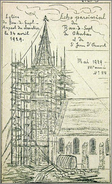 Vue de la tour et d'une partie de la nef, en cours d'achévement le 24 avril 1929.