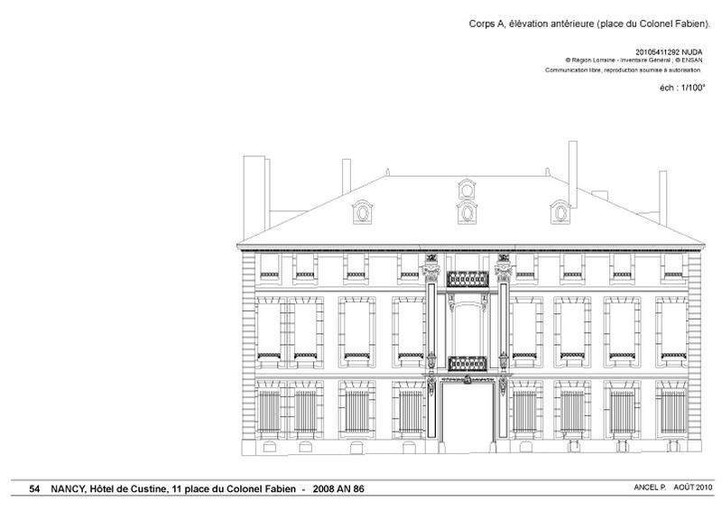 Elévation antérieure du corps sur rue (A).