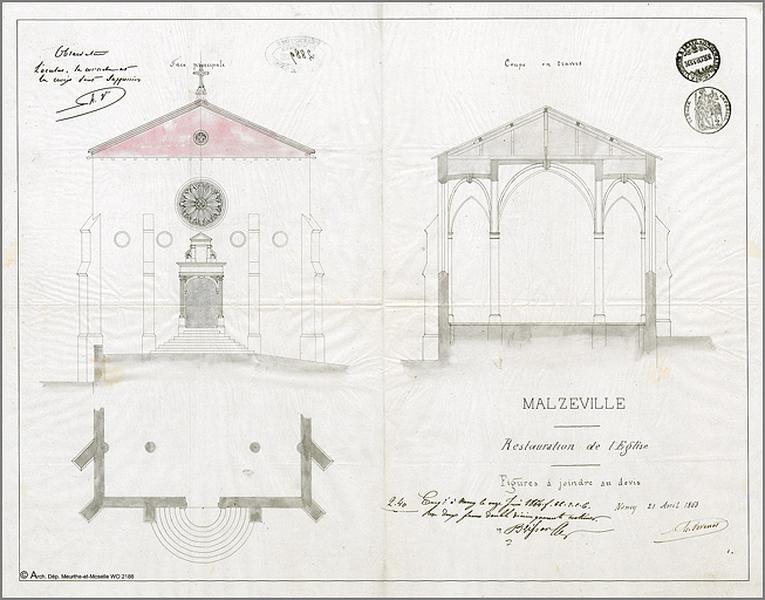 Projet de restauration : plan, coupe, élévation de la façade