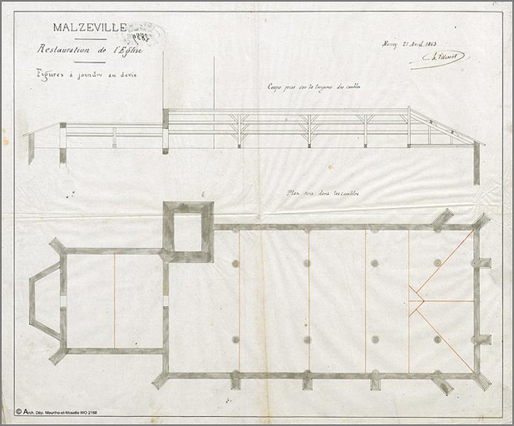 Projet de restauration : plan d'ensemble et coupe au niveau des combles.