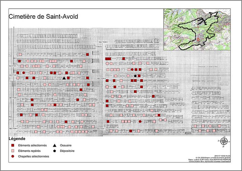 Plan du cimetière : localisation des éléments repérés et sélectionnés