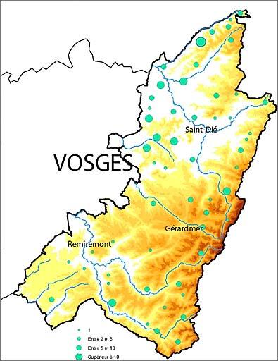 Cartographie des scieries à cadre hydraulique de la montagne vosgienne en 1799.