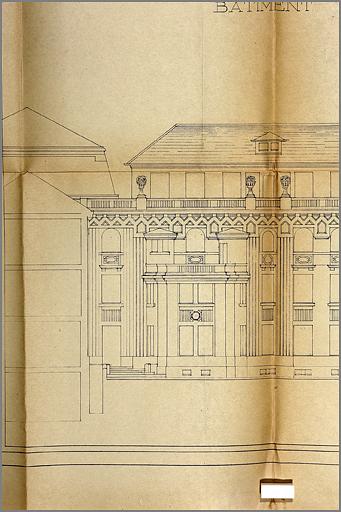 Corps B : élévation de la façade antérieure (sur la cour Alexandre), détail (1).