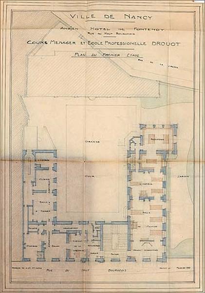 Projet d'aménagement de l'hôtel en école : plan du 1er étage.