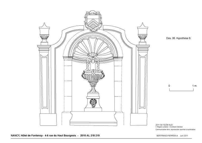 Hypothèse de restitution de la fontaine dans le mur du fond du jardin.