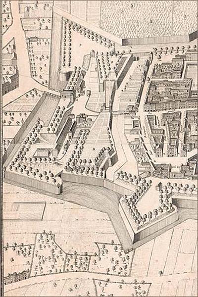 Situation de l'hôtel au milieu du 18e siècle, détail du 'plan général des deux villes de Nancy... levé et gravé par Belprey,..., en 1754'