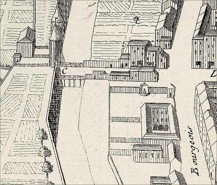 Plan en perspective de l'hôtel au milieu du 18e siècle, détail du 'plan général des deux villes de Nancy... levé et gravé par Belprey,..., en 1754'