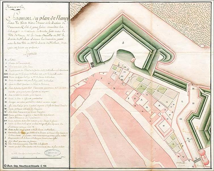 Situation de l'hôtel en 1769 ('fragment du plan de Nancy entre la porte Notre-Dame et le bastion de Dannemark [...]').