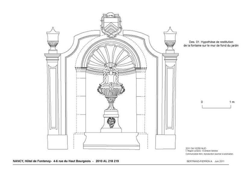 Hypothèse de restitution de la fontaine sur le mur du fond du jardin.