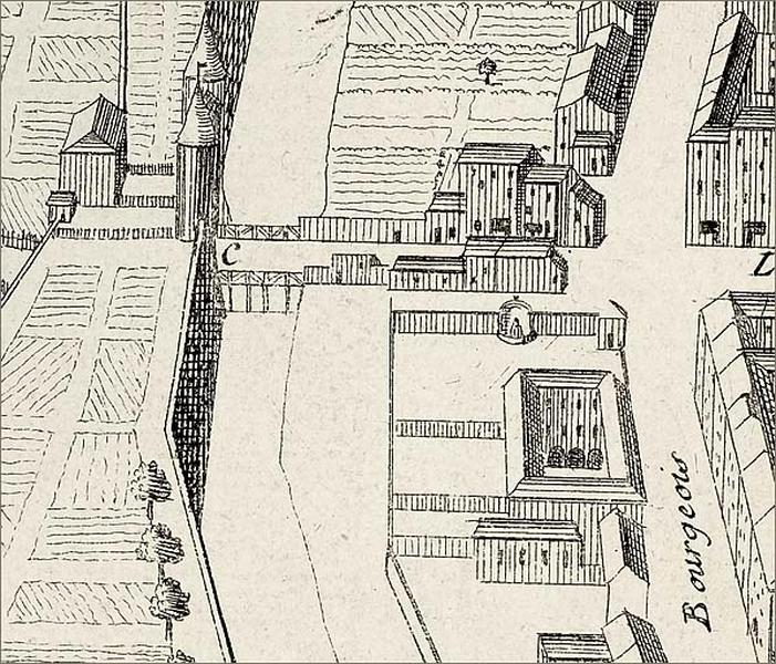 Plan en perspective en 1754 (extrait du 'plan général des deux villes de Nancy... levé et gravé par Belprey).