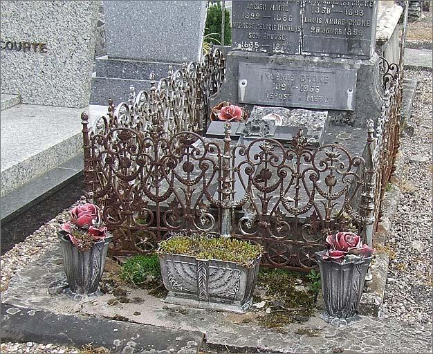 Tombeau (n°21) de type 1, grille er jardinières, détail, ensemble trois quarts droit.