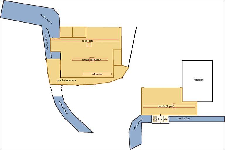 Plan schématiques des deux scieries, rez-de-chaussée.