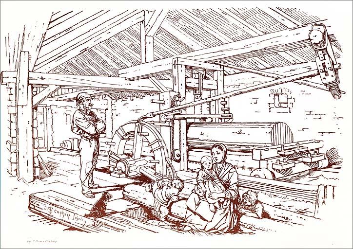 Dessin d'une scierie vosgienne.