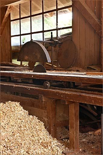 Intérieur de la halle, scie circulaire déligneuse, détail.