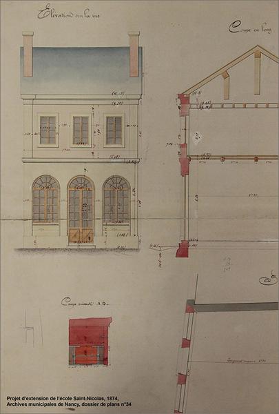 Projet de gymase (rue Sainte-Anne) : plan, coupe, élévation.