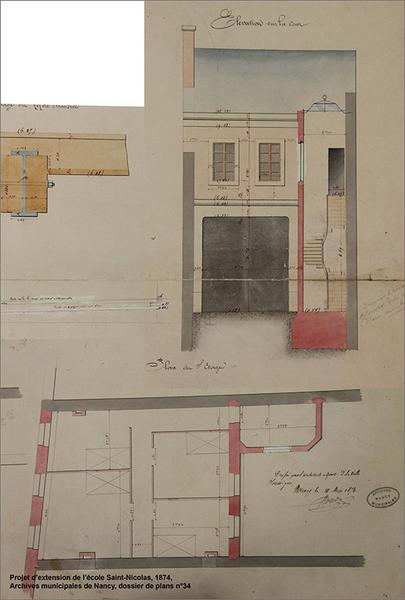 Projet de gymase (rue Sainte-Anne) : plan, élévation façade postérieure.