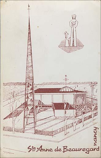 Dessin schématique du projet, carte postale vendue au profit de la paroisse ; au recto :'Aidez-nous à construire notre église [...]'