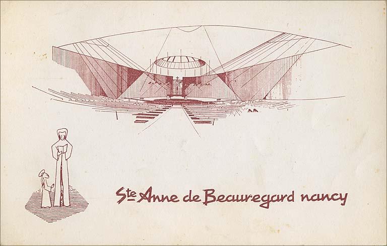 Dessin schématique du projet, carte postale vendue au profit de la paroisse ; au recto :'Aidez-nous à construire notre église [...]'