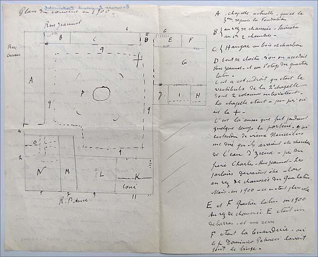 Plan schématique du couvent en 1900, et légende A à F.