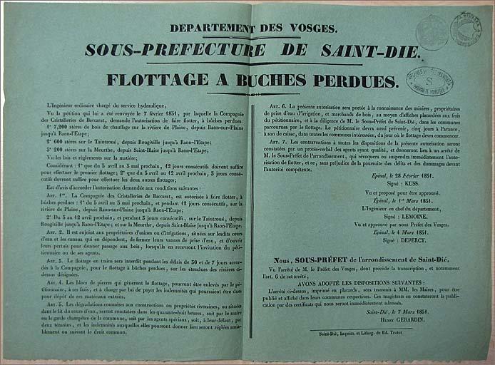 Arrêté préfectoral, réglementation du flottage à bûches perdues.