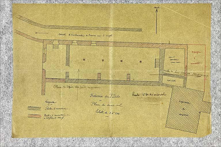 Projet de reconstruction de la scierie, plan du sous-sol des bâtiments.