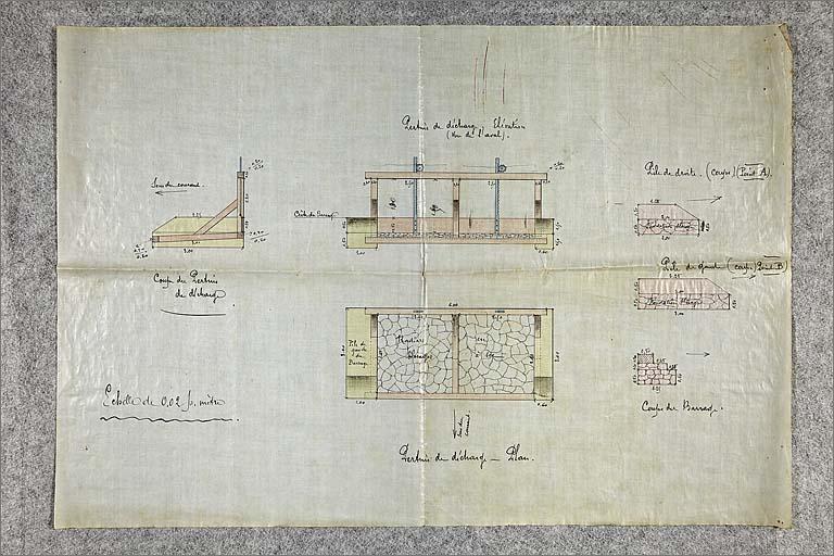 Projet de reconstruction de la scierie, plan et élévation du pertuis de décharge.