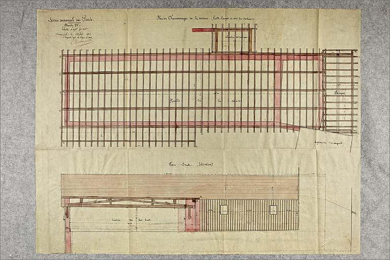 Projet de reconstruction de la scierie, plan du chevronnage et élévation de la scierie.