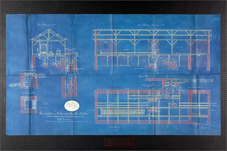 Projet de reconstruction de la scierie, plans et coupes des installations.