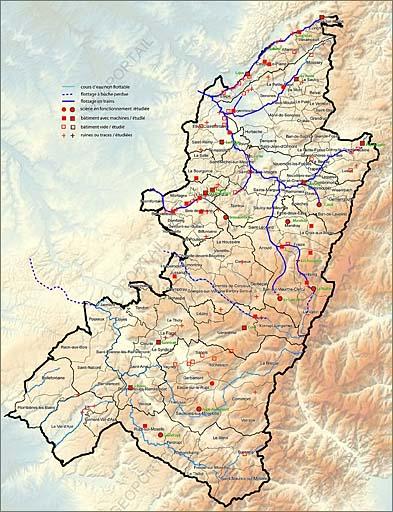 Cartographie des scieries à cadre hydraulique repérées et étudiées.