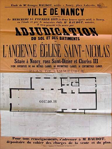 Affiche pour la mise en vente de l'église, 1882.