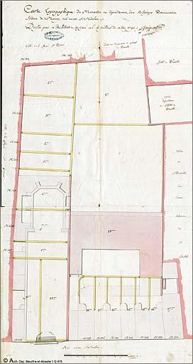 Carte topographique du monastère et dépendances des religieux Dominicains situés à Nancy, rue neuve Saint-Nicolas [rue des Dominicains], 14 juillet 1791.