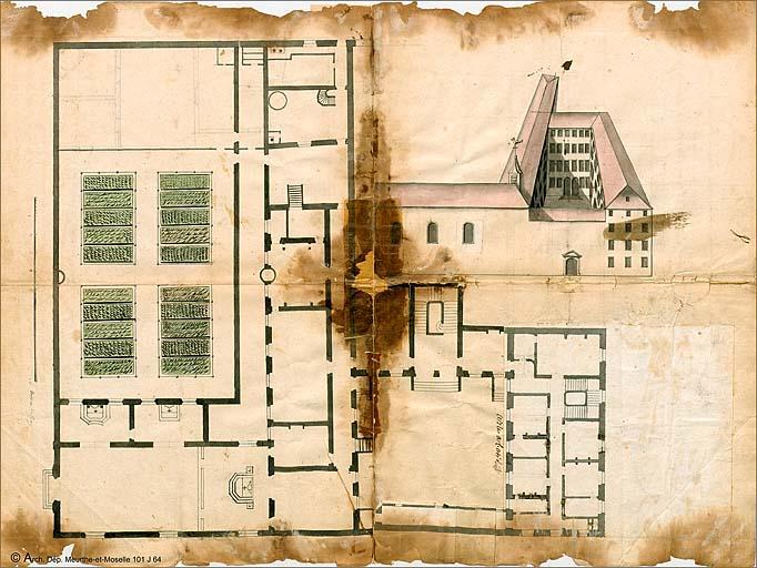 Plan et élévation, 1732 (date portée au verso) : état projeté, 1er étage (retombe baissée).
