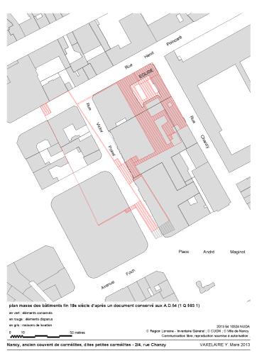 Plan masse des bâtiments fin 18e siècle d'après le plan de vente révolutionnaire de 1798, reporté sur le cadastre actuel.