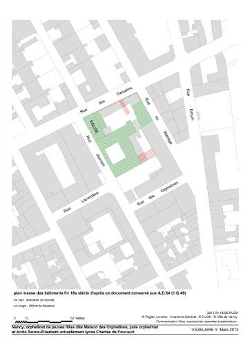 Plan masse des bâtiments fin 18e siècle reporté sur le cadastre actuel, d'après document conservé aux Archives départementales de Meurthe-et-Moselle (1 Q 49).