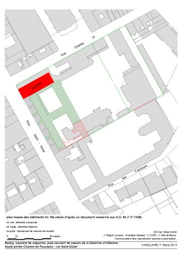 Plan masse des bâtiments à la fin du 18e siècle (d'après un document des Archives départementales de Meurthe-et-Moselle, 1 Fi 1028).